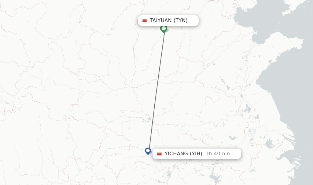 Flights from Taiyuan to Yichang route map