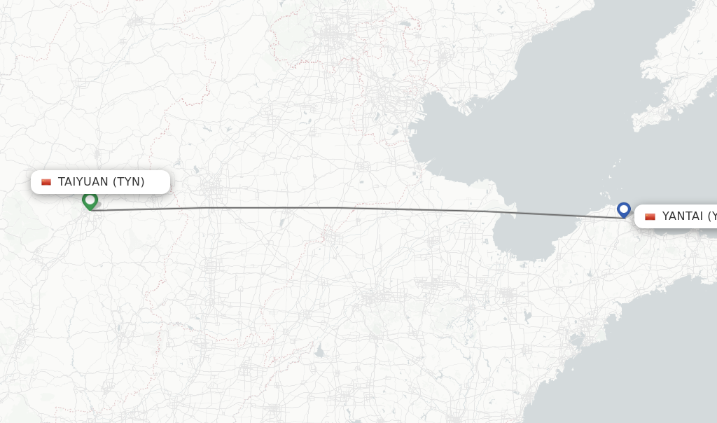 Flights from Taiyuan to Yantai route map