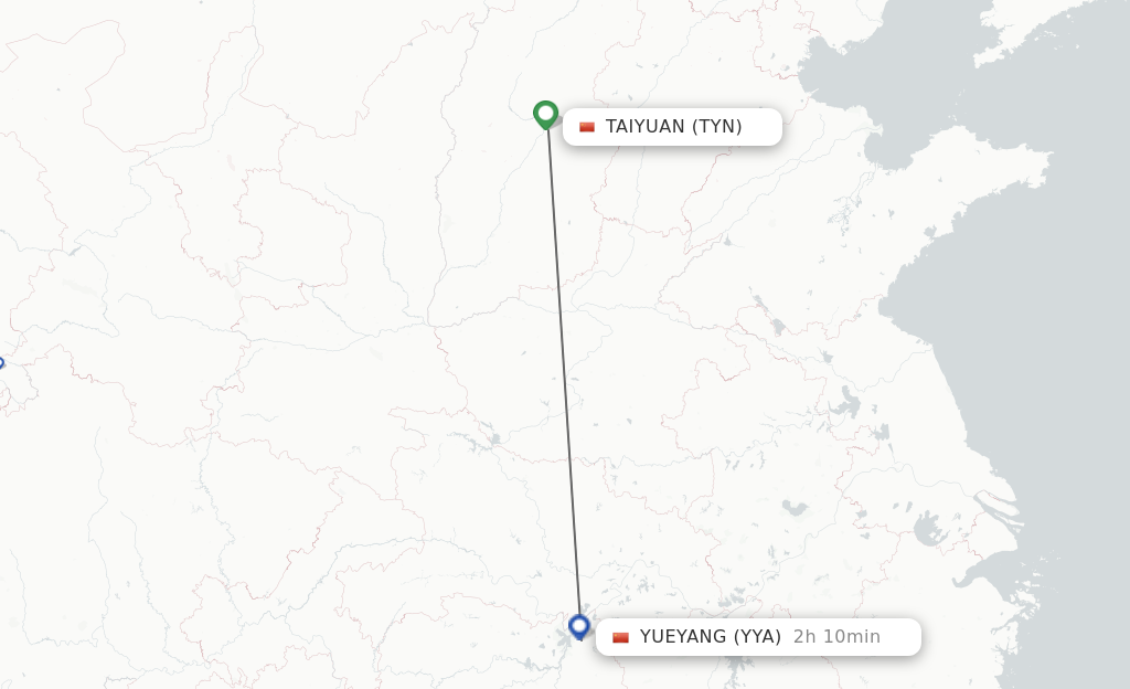 Flights from Taiyuan to Yueyang route map