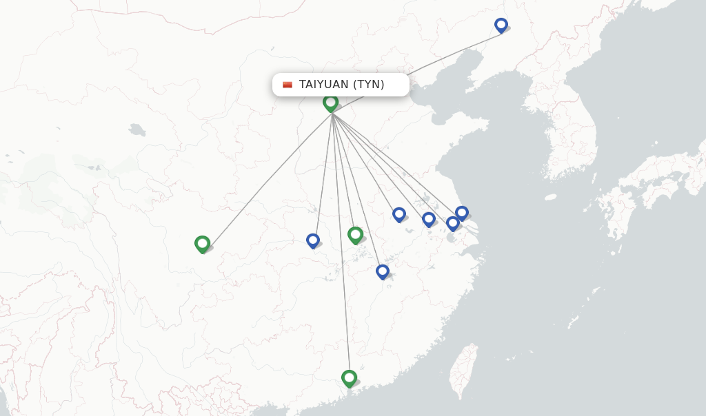 Route map with flights from Taiyuan with Shenzhen Airlines