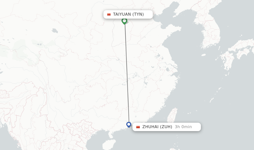 Flights from Taiyuan to Zhuhai route map