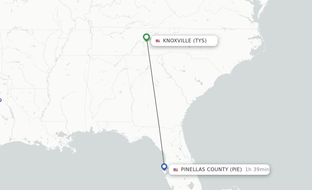 Flights from Knoxville to Pinellas County route map