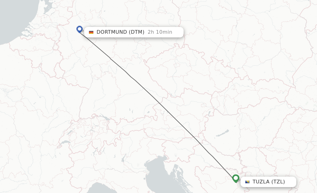 Flights from Tuzla to Dortmund route map
