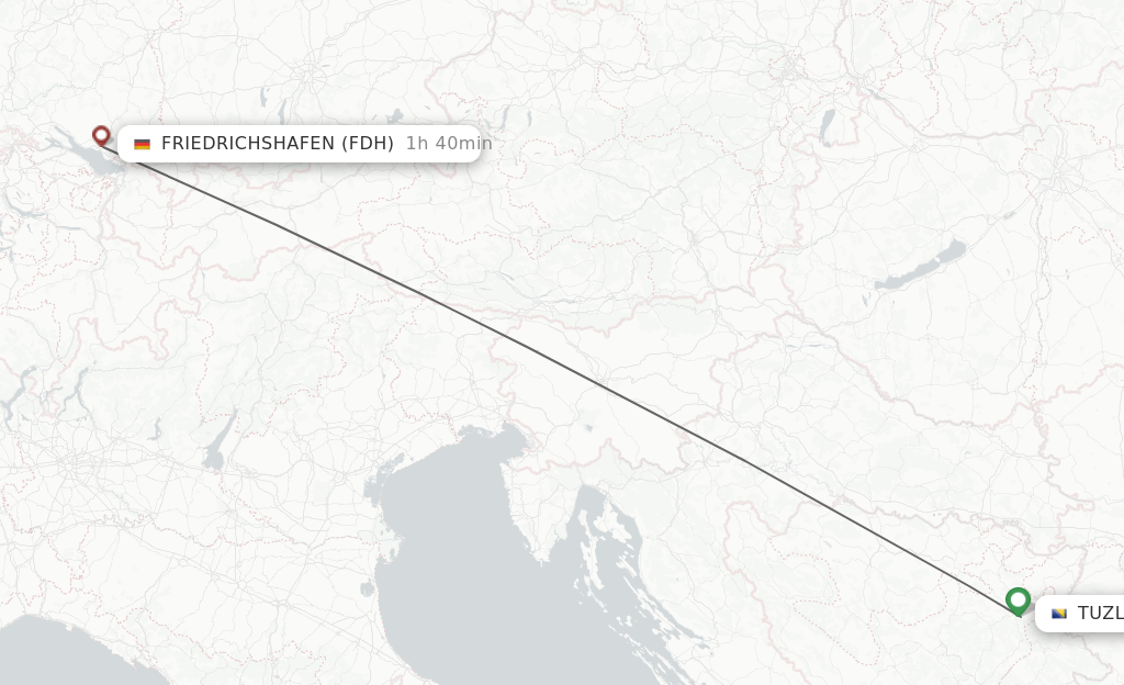 Flights from Tuzla to Friedrichshafen route map