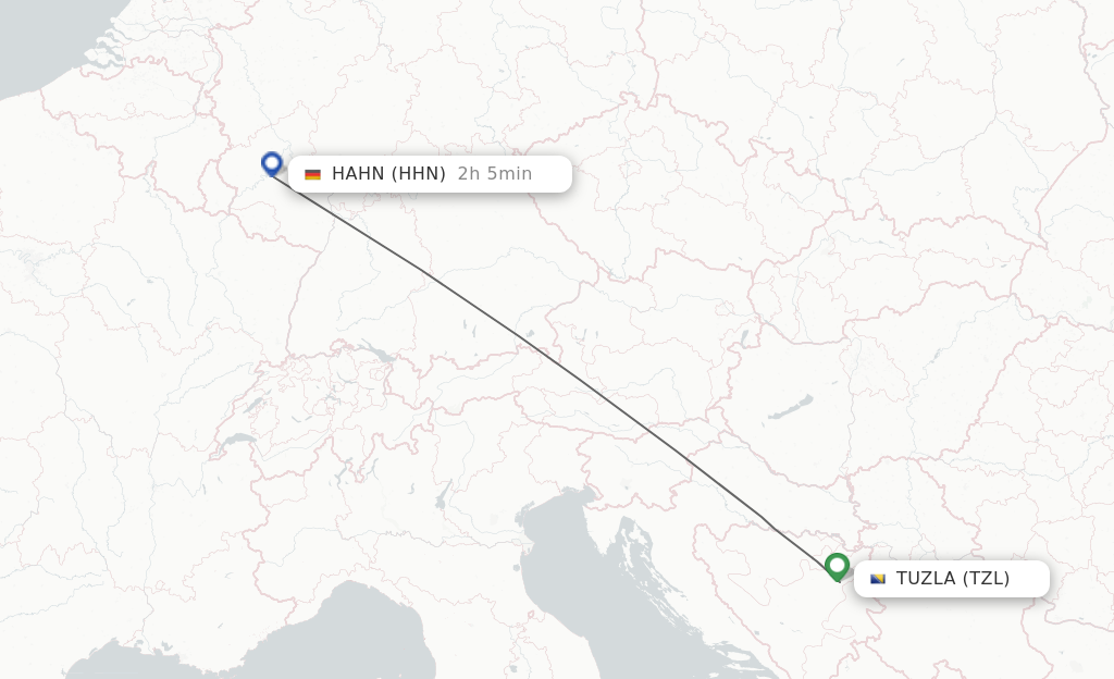 Flights from Tuzla to Hahn route map