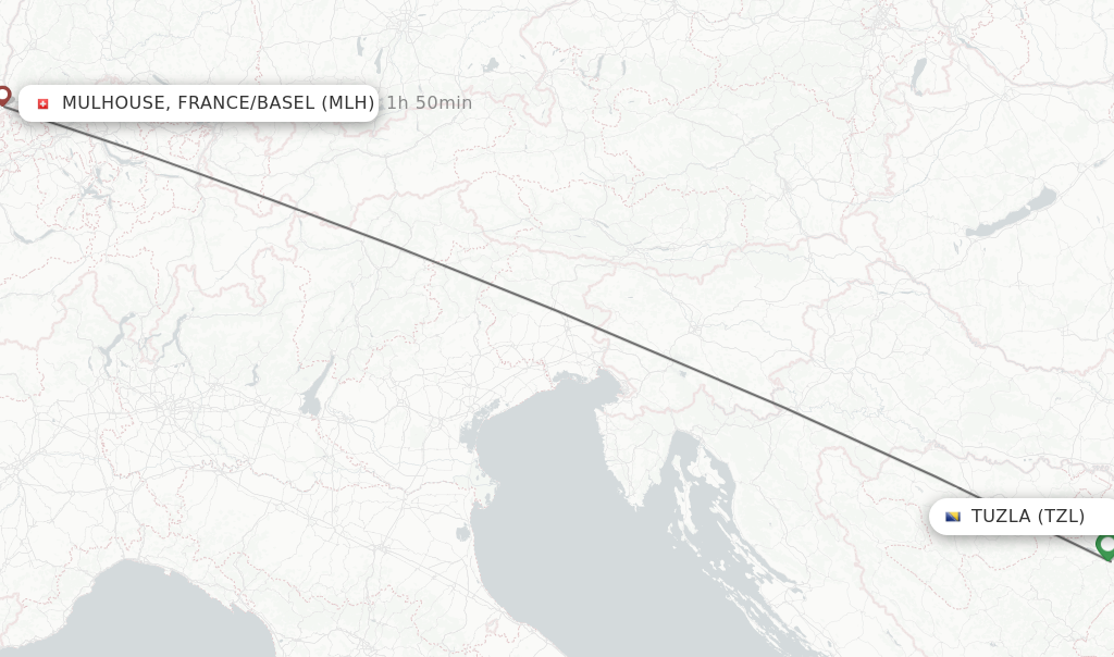 Flights from Tuzla to Mulhouse, France/Basel route map
