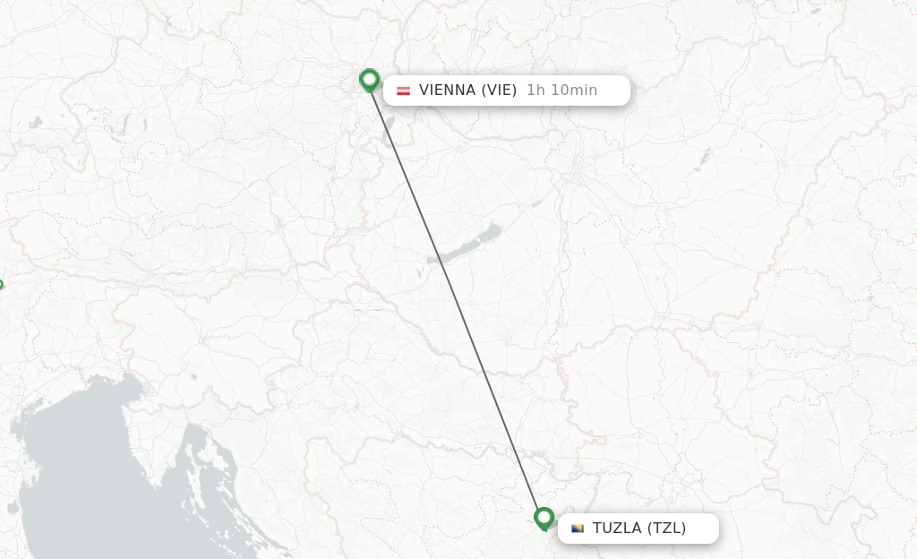 Flights from Tuzla to Vienna route map