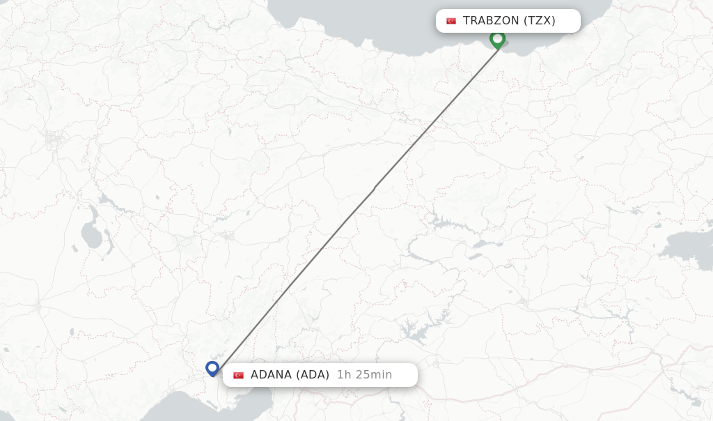 Flights from Trabzon to Adana route map