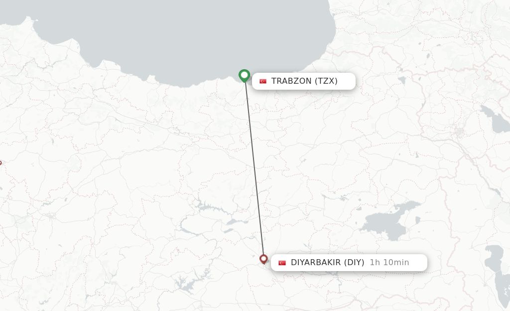 Flights from Trabzon to Diyarbakir route map