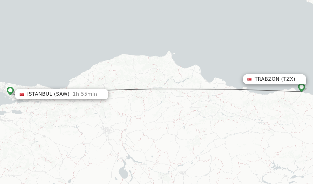 Flights from Trabzon to Istanbul route map