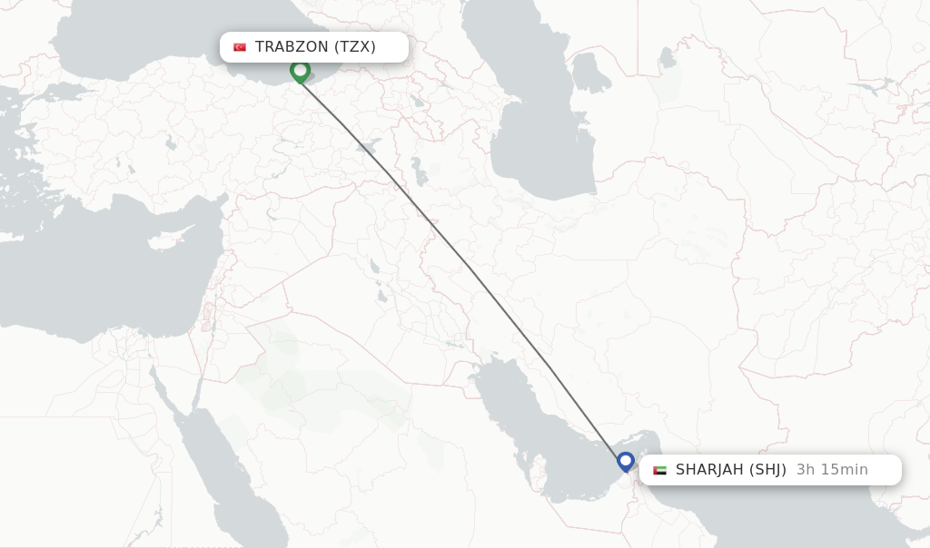Flights from Trabzon to Sharjah route map