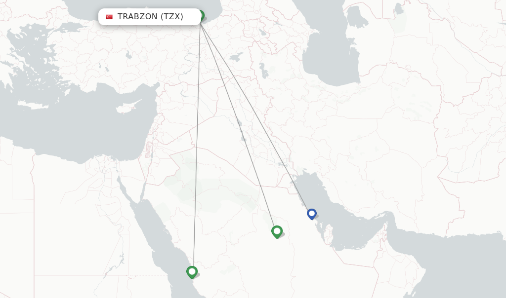 Route map with flights from Trabzon with Flynas