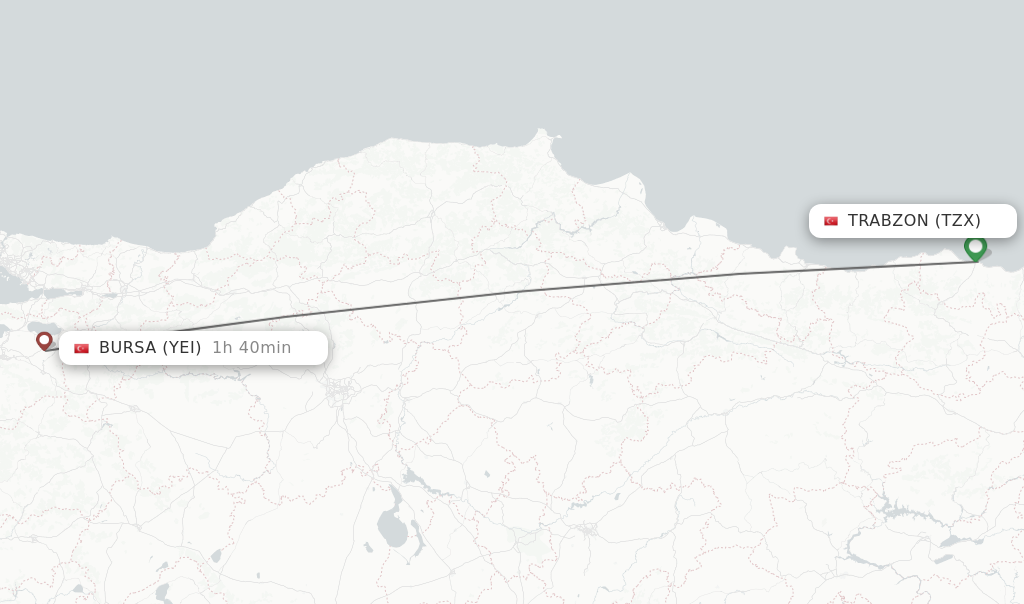 Flights from Trabzon to Bursa route map