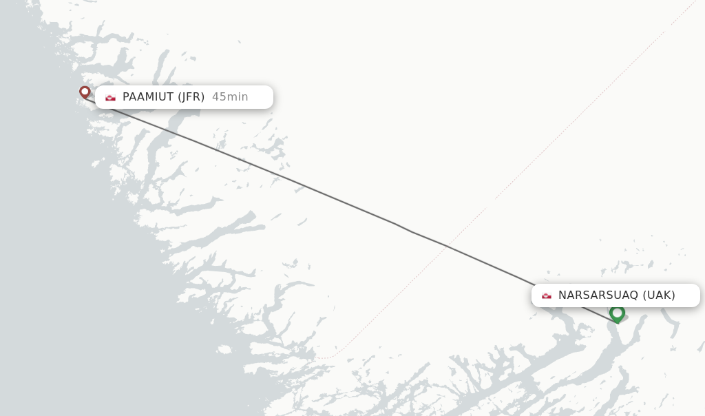 Flights from Narsarsuaq to Paamiut route map