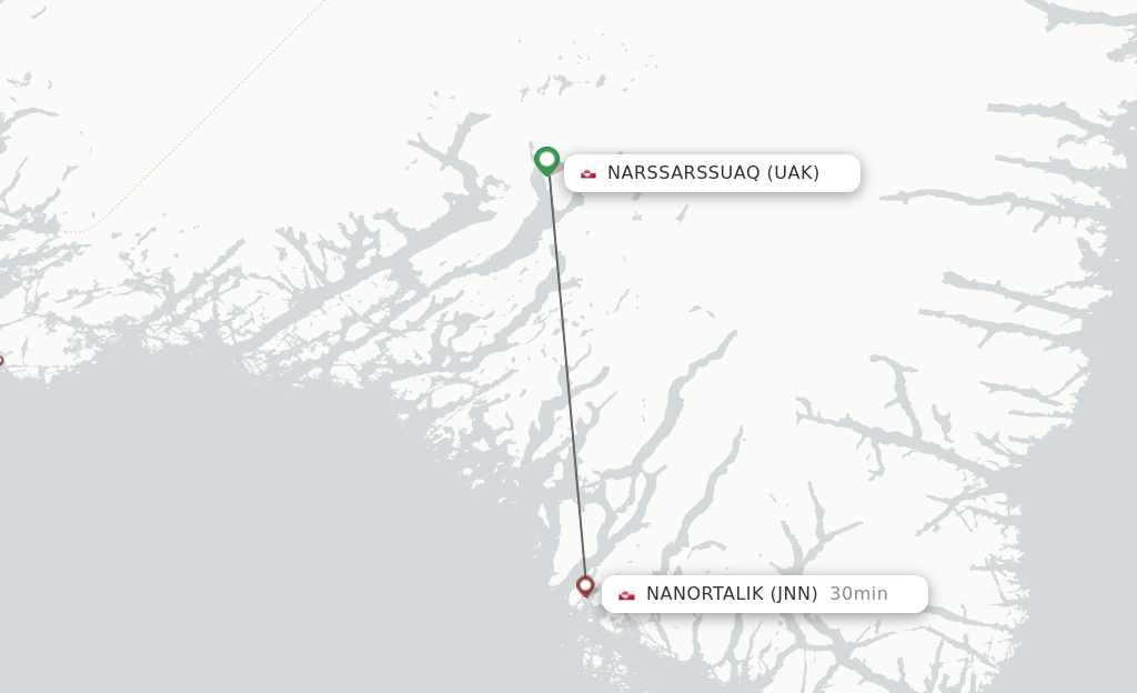 Flights from Narsarsuaq to Nanortalik route map