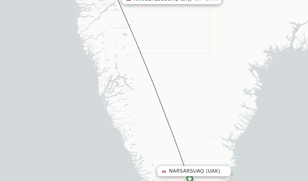 Flights from Narsarsuaq to Kangerlussuaq route map