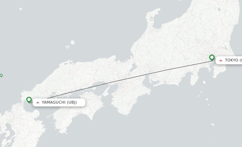 Flights from Ube to Tokyo route map