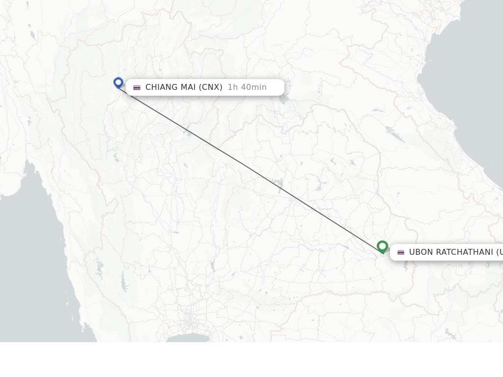 Flights from Ubon Ratchathani to Chiang Mai route map