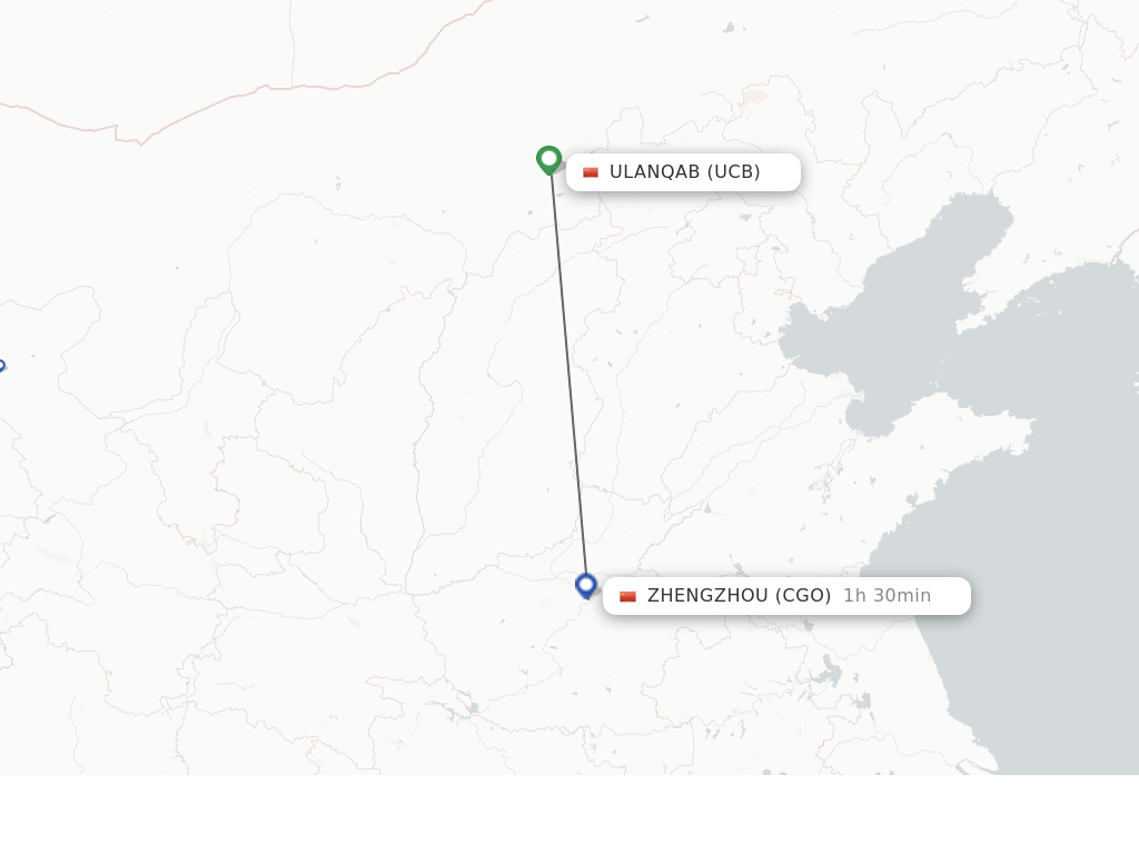 Flights from Ulanqab to Zhengzhou route map