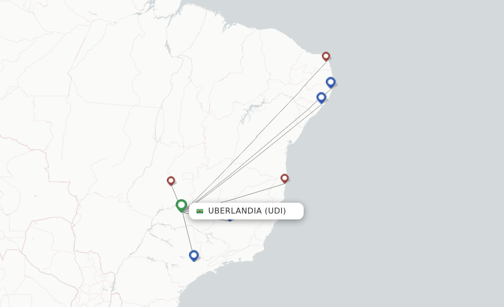 Route map with flights from Uberlandia with Azul