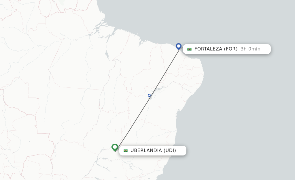 Flights from Uberlandia to Fortaleza route map