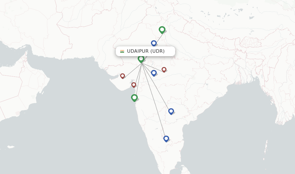 Route map with flights from Udaipur with IndiGo