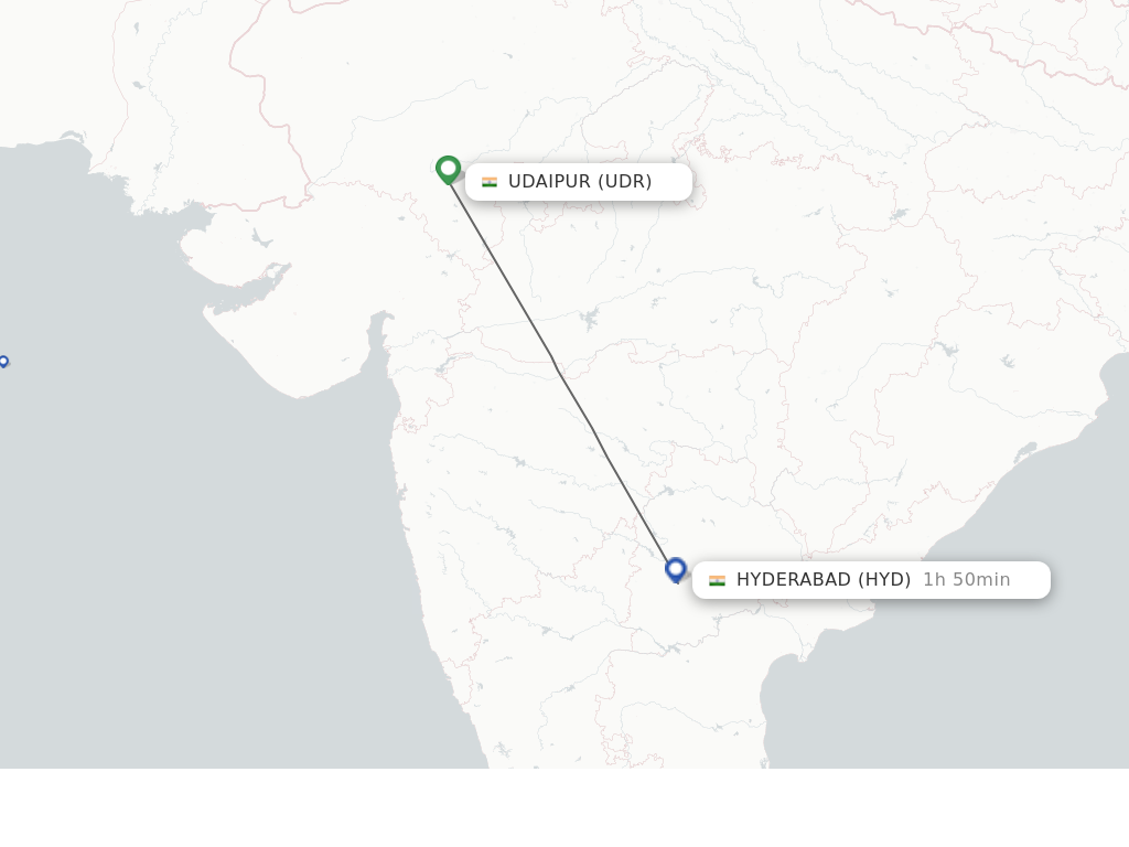 Flights from Udaipur to Hyderabad route map
