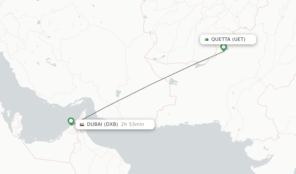 Flights from Quetta to Dubai route map