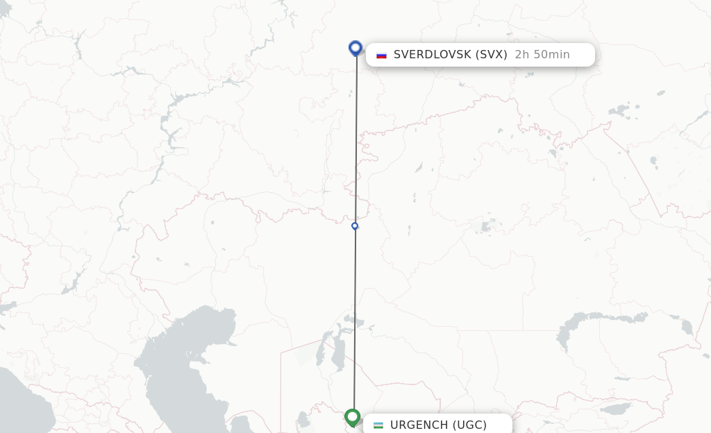 Flights from Urgench to Yekaterinburg route map