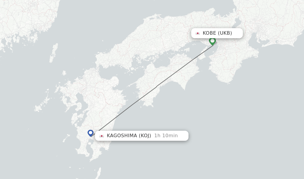 Flights from Kobe to Kagoshima route map