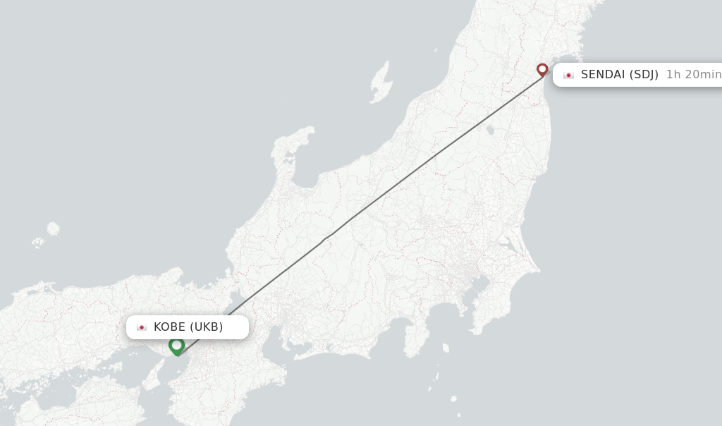 Flights from Kobe to Sendai route map