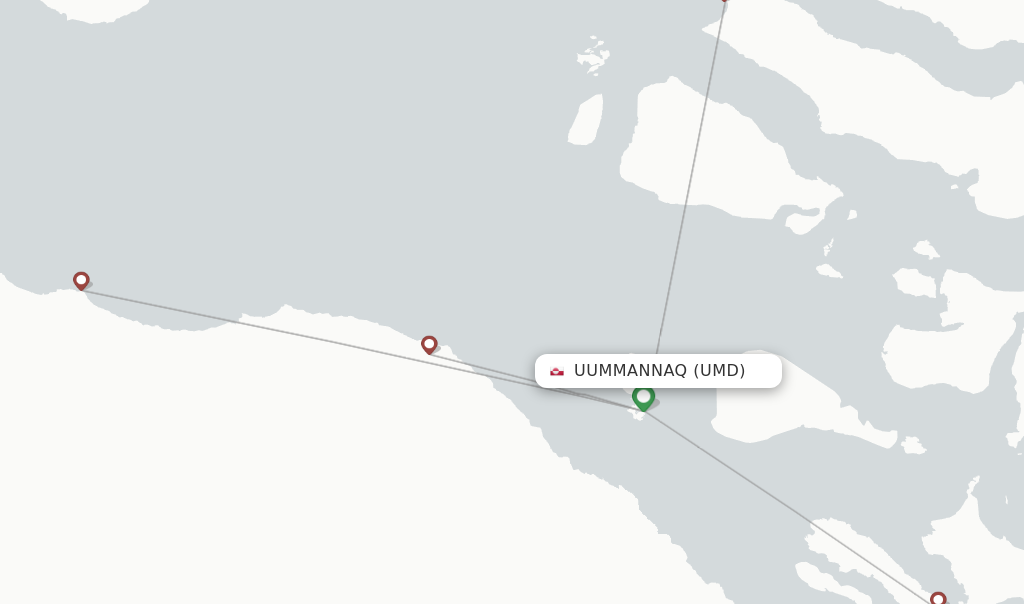 Route map with flights from Uummannaq with Air Greenland