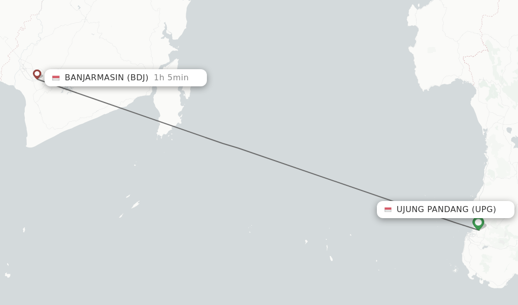 Flights from Ujung Pandang to Banjarmasin route map