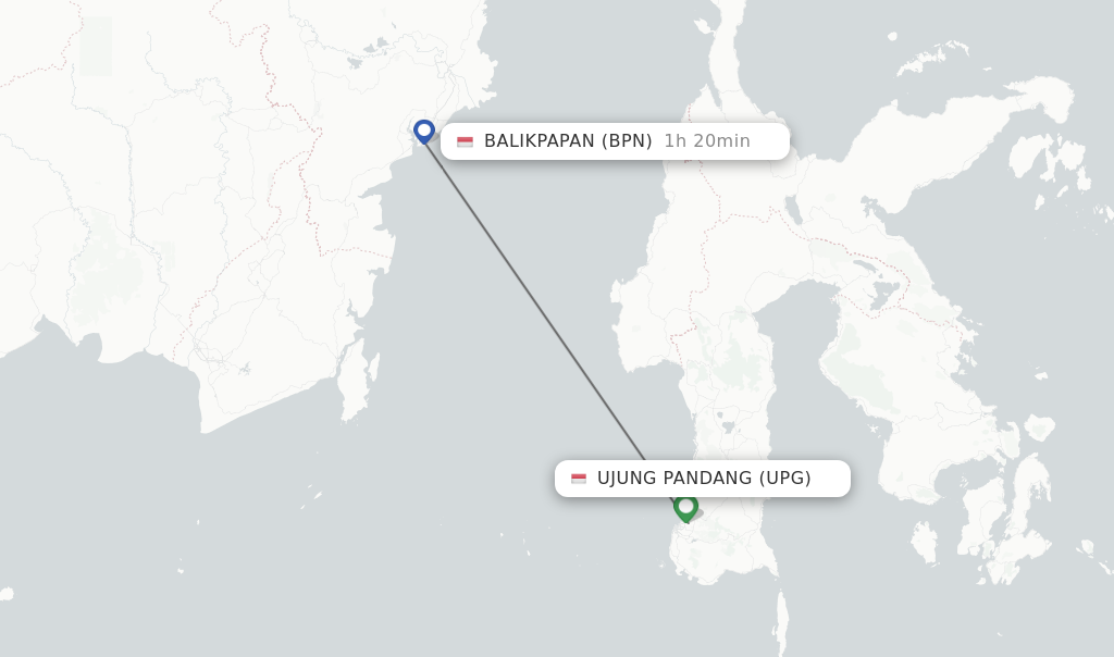 Flights from Ujung Pandang to Balikpapan route map