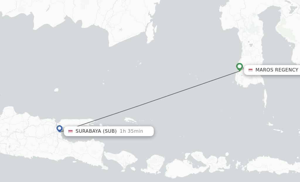 Flights from Ujung Pandang to Surabaya route map