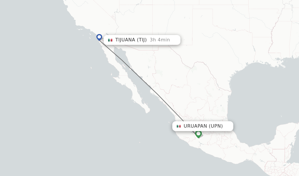 Flights from Uruapan to Tijuana route map