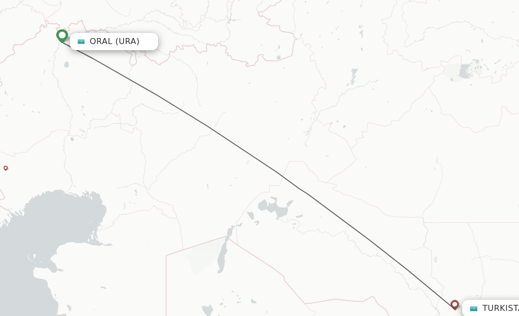 Flights from Uralsk to Turkistan route map