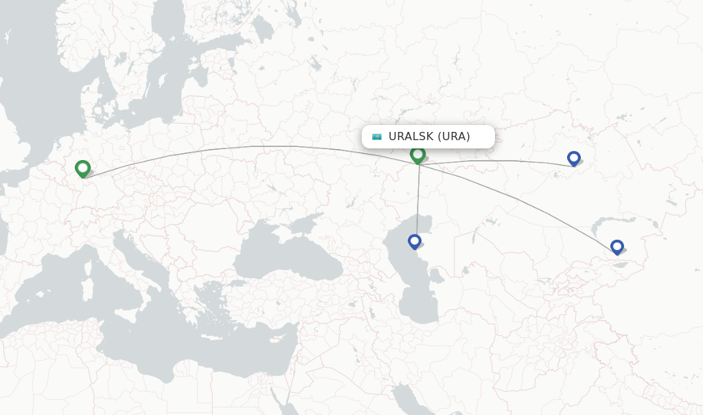 Route map with flights from Uralsk with Air Astana