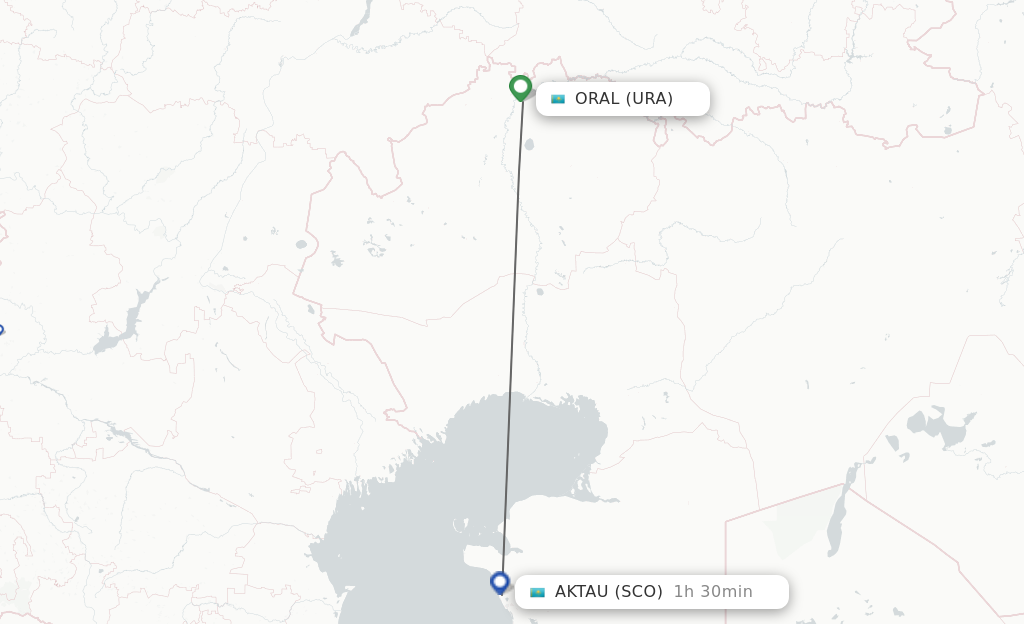 Flights from Uralsk to Aktau route map