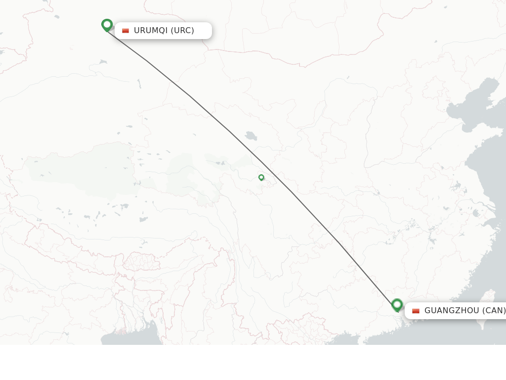 Flights from Urumqi to Guangzhou route map