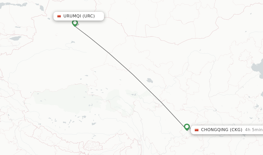 Flights from Urumqi to Chongqing route map