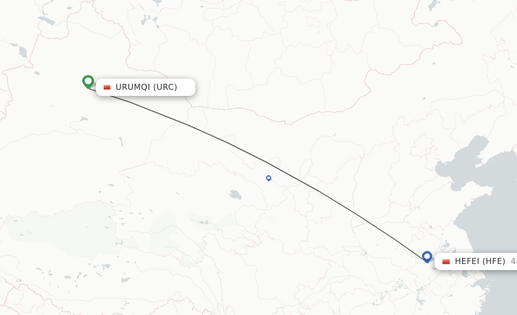 Flights from Urumqi to Hefei route map