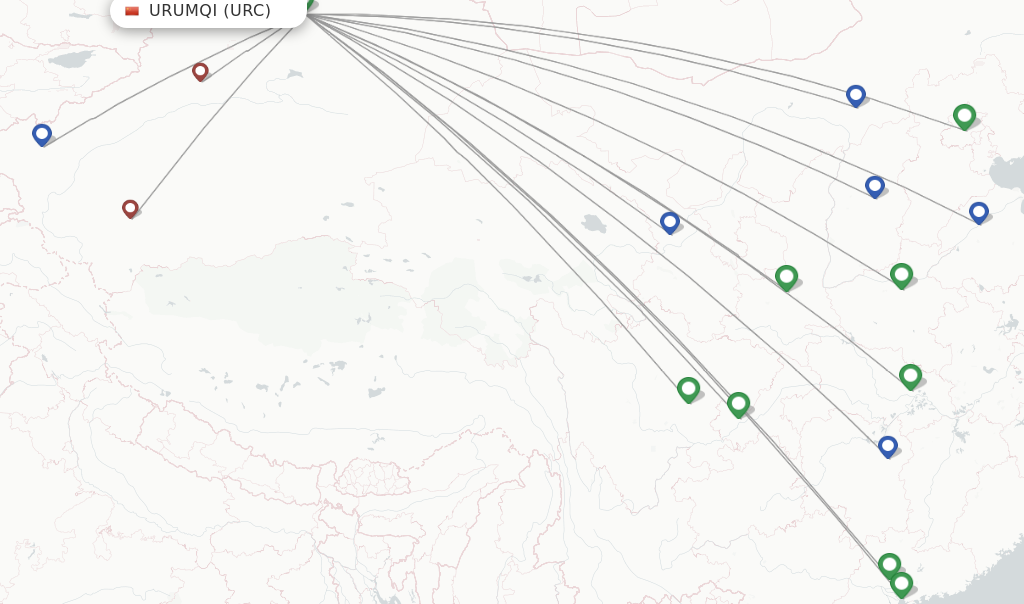 Route map with flights from Urumqi with Hainan Airlines