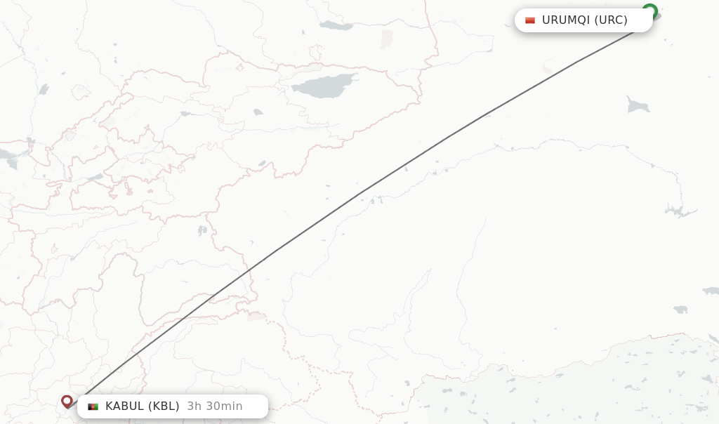 Flights from Urumqi to Kabul route map