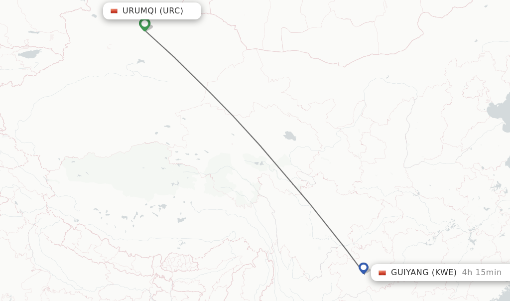 Flights from Urumqi to Guiyang route map