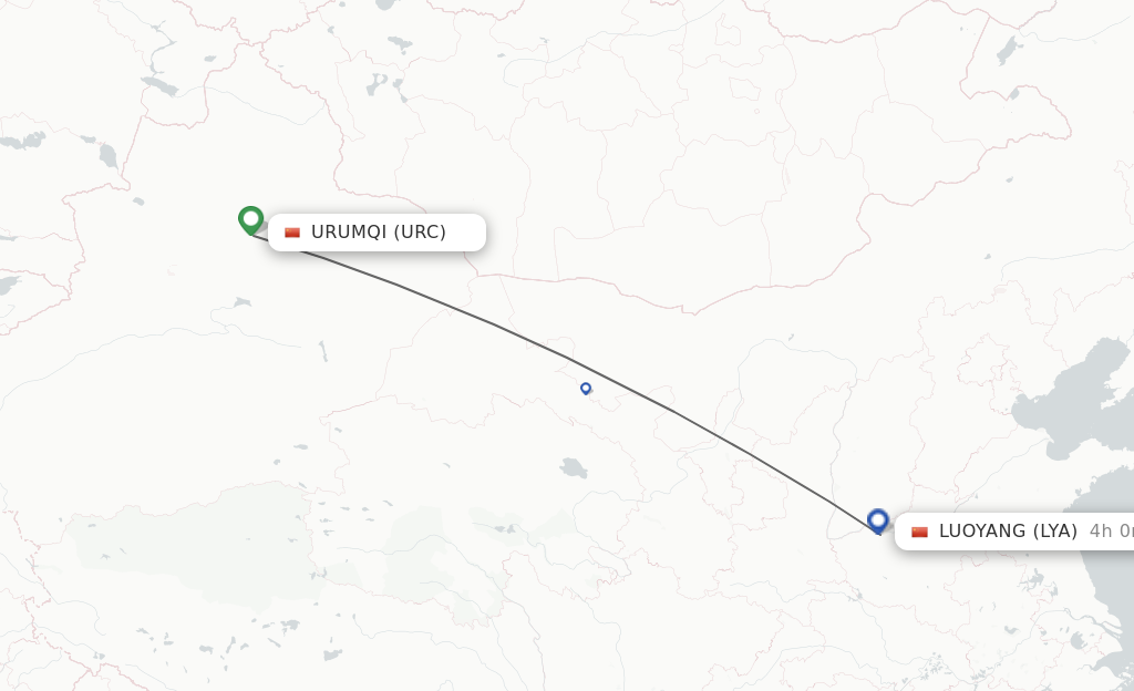 Flights from Urumqi to Luoyang route map