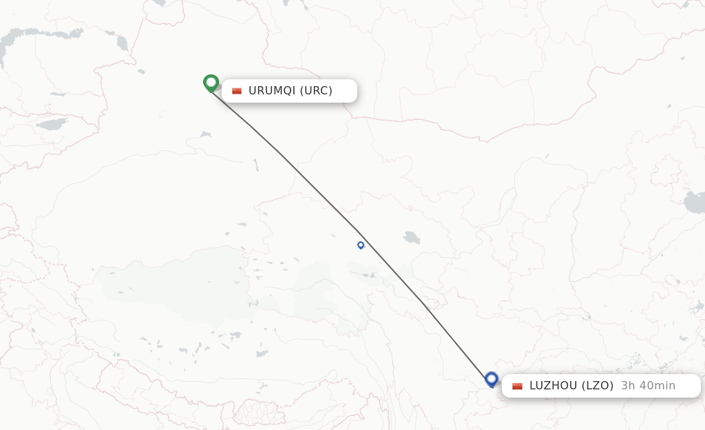 Flights from Urumqi to Luzhou route map