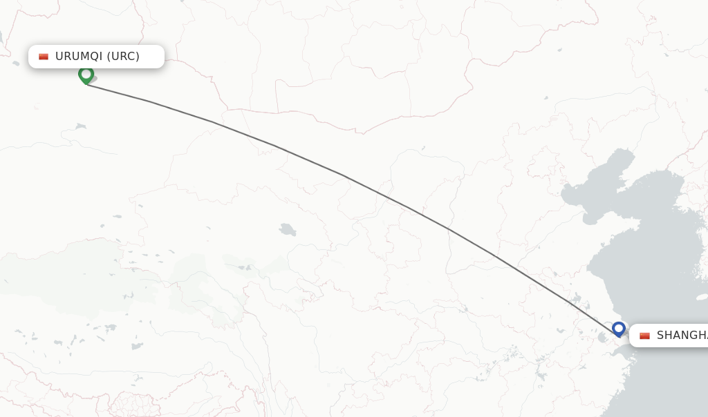 Flights from Urumqi to Shanghai route map