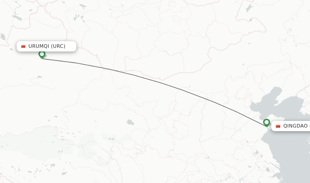 Flights from Urumqi to Qingdao route map