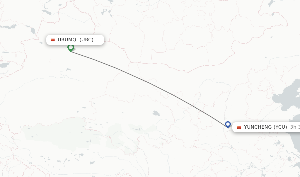 Flights from Urumqi to Yuncheng route map